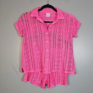 Goa Beachwear by Japna Pink Crochet Knit Button Up Shirt &‎ Shorts Set XS